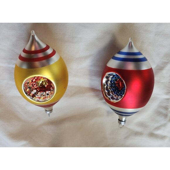Vintage Glass Christmas Ornaments Set Of 2 With Reflector Indents & Stripes - Picture 1 of 6